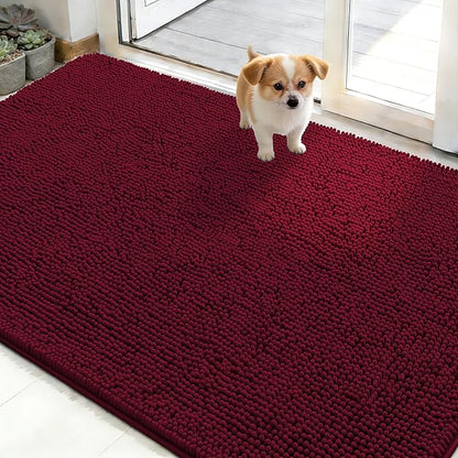 OLANLY Dog Door Mat for Muddy Paws 50x30, Absorbs Moisture and Dirt, Absorbent Non-Slip Washable Doormat, Quick Dry Chenille Mud Mat for Dogs, Entry Indoor Entryway Carpet for Inside Floor, Burgundy
