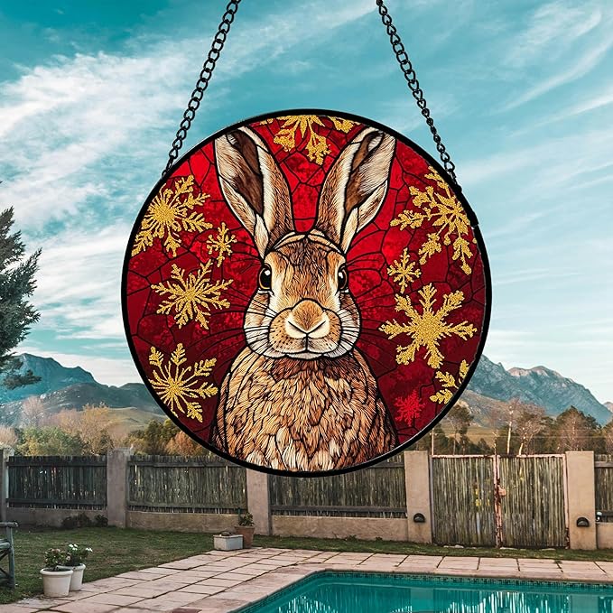 Stained Glass Window Hanging 4 Pcs Set Red Golden Snowflakes 9.8" - Christmas Elk Rabbit Suncatcher Door Garden Sun Catcher Decor Birthday for Mom Woman Nana Men
