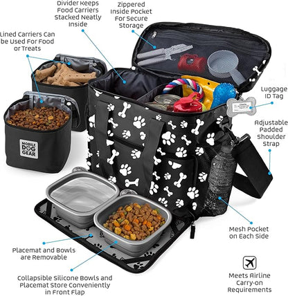 Week Away Dog Travel Bag (15"x7"x14", Paw Print) - Includes 2 Pet Food Storage Containers + 2 Collapsible Dog Water Bowls - Airline Approved Travel Accessories, Great for Weekend Trips