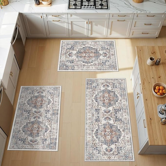 Washable Kitchen Rug Set of 3: Boho Non-slip Soft Stove Sink Mat Light Weight Stain Resistant Carpet for Dog Bowl Area Comfort Tile/Hardwood Floors Protection Mat for Entryway Foyer(2x3+2x4+2x5,Brick)