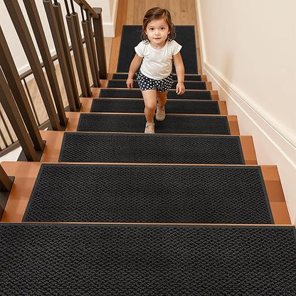 Stair Treads for Wooden Steps Indoor - 28 Pack 8" x 30" Non-Slip Carpet Stair Runners Washable Reusable Adhesive Indoor Stairs Tread Rug Stain Resistant Edging Staircase Mat for Kids and Pets Black