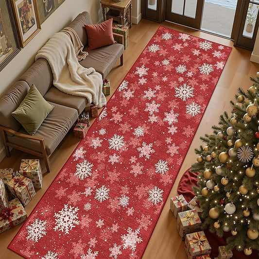 3x8 Runner Rug Non Slip for Hallway, Washable Christmas Rugs for Living Room, Ultra-Thin Snowflake Bathroom Rug Runner, Soft Red and White Christmas Decor Indoor(3'x8', Red/White)