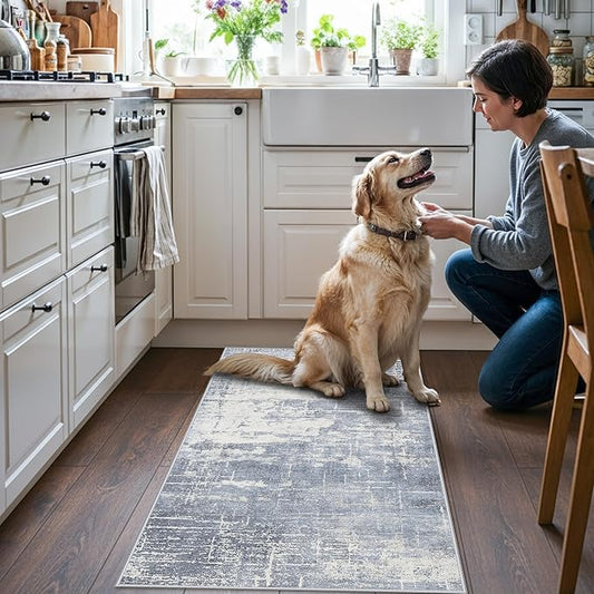 Washable 2x4 Kitchen Area Rugs: Abstract Stain-Resistant Sink Rug Non-Slip Durable Doormat Ultra Soft Bedroom Nursery Besides Carpets Indoor Water Resistant Bathroom Floor Mat(2x4,Blue/Ivory)