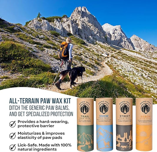 All-Terrain Dog Paw Waxes - 4 Protective Balms (Trail + Street + Beach + Snow) - Each Wax for Dogs is Specifically Formulated for Outdoor Environments - Natural Lick-Safe Ingredients - USA