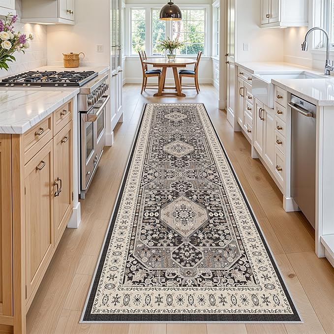 Kitchen Runner Rug 4x12 Washable - Wide Vintage Hallway Entryway Rugs with Non Slip Backing Indoor Stain Resistant Thin Carpet for Living Room Bedroom Ultra Soft Home Decor Floor Mat 4'x12' Black