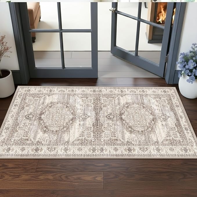 Hallway 2x5 Washable Runner Rug: Oriental Stain Resistant Entryway Kitchen Rug Farmhouse Soft Carpet for Bathroom Bedroom Thin Laundry Room Floor Mat with Non Slip Backing for Pets Family(2x5,Beige)