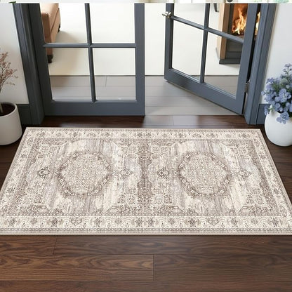 Hallway 2x5 Washable Runner Rug: Oriental Stain Resistant Entryway Kitchen Rug Farmhouse Soft Carpet for Bathroom Bedroom Thin Laundry Room Floor Mat with Non Slip Backing for Pets Family(2x5,Beige)