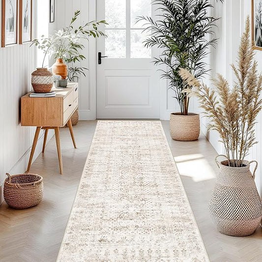 RUUGME Runner Rug 3x8 Washable - Hallway Rugs with Non Slip Backing Low Pile Stain Resistant Rug for Kitchen Bedroom Dining Room Soft Boho Vintage Thin Carpet Home Decor Floor Mat 3x8 Beige Brown