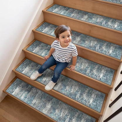 Non Slip Stair Treads for Wooden Steps 15PCS - 8"x30" Indoor Safety Carpet, Edging Mats with TPE Adhesive Backing, Pet and Elderly Friendly Stair Rugs (Blue&Grey)