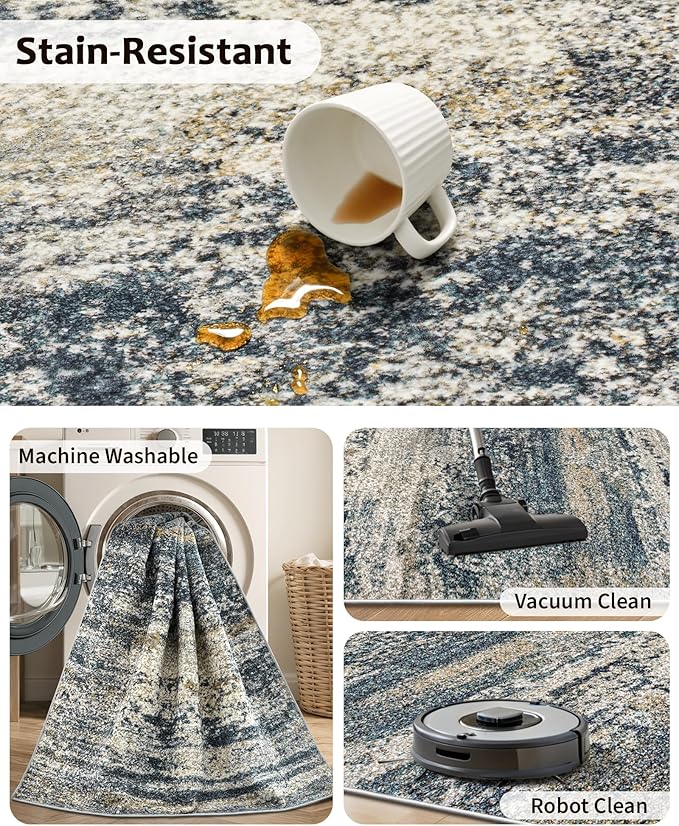 Art&Tuft Runner Rug 2'6x8' - Anti-Slip Backing Abstract Hallway Rug, Stain Resistant Kitchen Rugs, Foldable Machine Washable Area Rug(TPR19-Navy, 2'6x8')