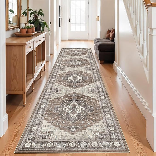 3x12 Washable Hallway Runner Rug: Oriental Living Room Entryway Wide Area Rug Ultra Soft Non Slip Runners for Kitchen Dining Room Stain Resistant Low Pile Floor Mat for Bathroom Bedroom(Brown,3x12)