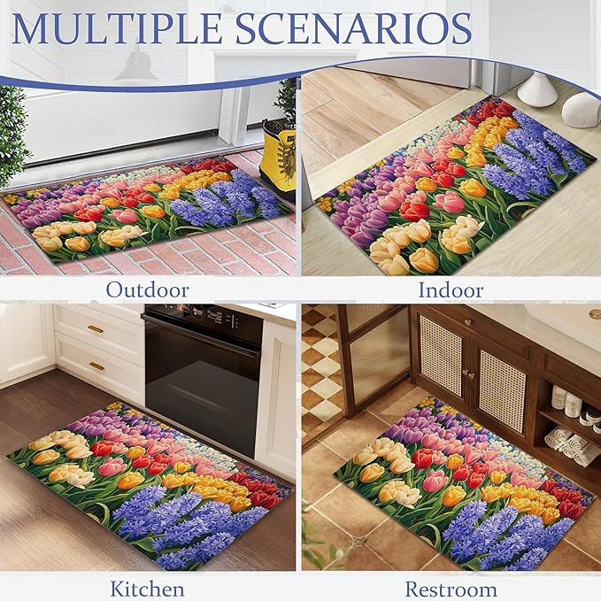 Colorful Flower Field Welcome Mat,Vintage Tulip Floral Indoor Rugs for Entryway,Anti-Slip Low Profile Doormats Porch Mats for Front Door Stairway Rug Living Room Floor Mat 30 x 17 Inch