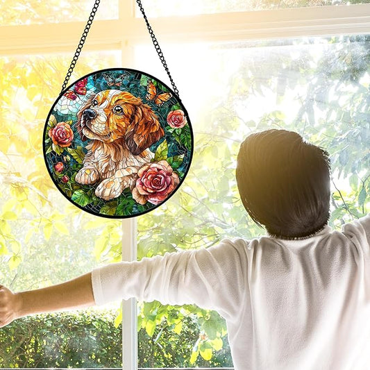 Stained Glass Window Hanging, Dog and Rose Suncatcher for Doors Home Butterfly Sun Catchers Decoration and Christmas, Mother's Day Birthday Gifts for Women, Men, and Mom 6.3 in