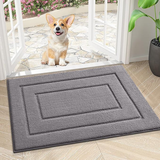 Smiry Dog Door Mat for Muddy Paws, Absorbs Moisture and Dirt, Low-Profile Entryway Mat with Non-Slip Backing, Entry Indoor Outdoor Doormat for Inside Floor (24x16 Inches, Grey, Bordered)