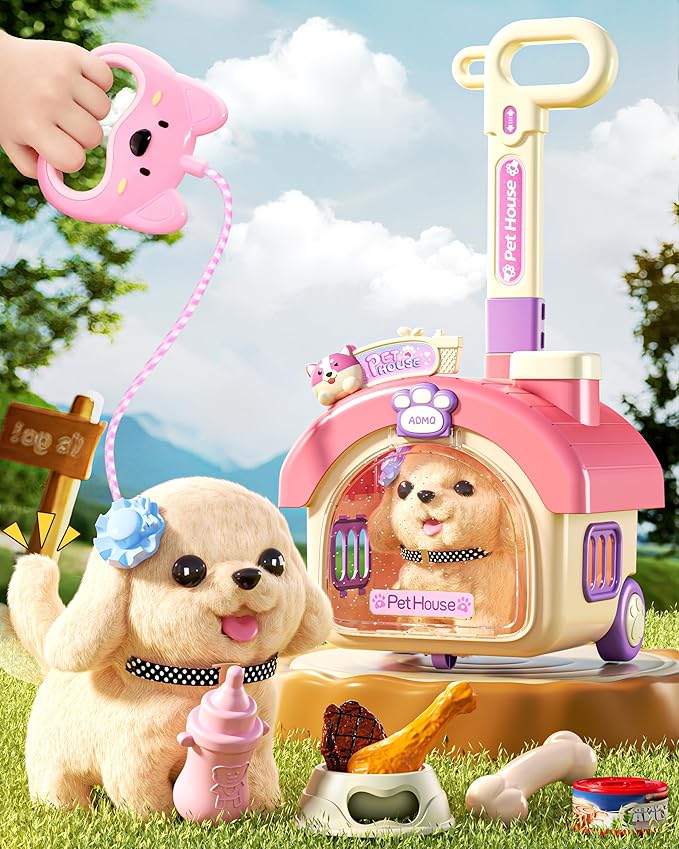 23Pcs Dog Toys for Kids Girls, Walking Barking Interactive Realistic Stuffed Dog with Portable Puppy Stroller & Accessories Toys, Pretend Puppy Pet Care Playset Gifts for Little Girls 3 4 5 6 Year Old
