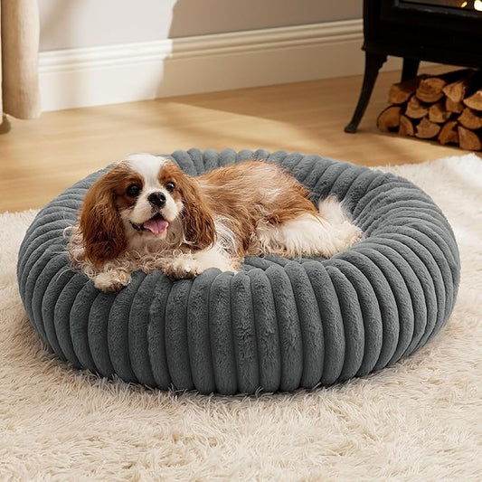 Bedsure ComfyFleece™ Donut Medium Dog Bed - Washable Faux Fur with Corduroy Fleece & Anti Slip Bottom, Round Pet Bed with Removable Cover, Warm Grey, 30x30x8 inches