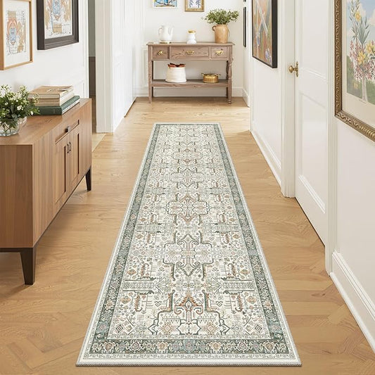 2x6 Hallway Washable Runner Rug - Soft Non Slip Vintage Rugs for Entryway Low-Pile Farmhouse Neutral Kitchen Runners Living Room Floor Mat Stain Resistant Distressed Carpet for Bedroom Bathroom Green