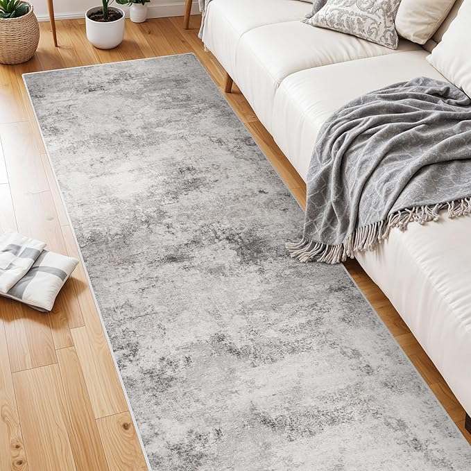 Carpet Runners for Hallway 8ft: Washable Non-Slip Abstract Rugs for Kitchen Entryway Bedroom - Soft Stain Resistant Easy Clean Mat for Family with Pets 2.6x8 Grey
