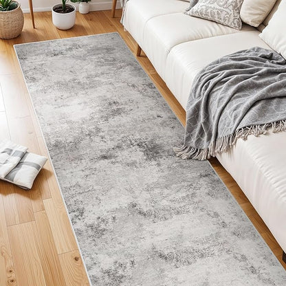 Carpet Runners for Hallway 8ft: Washable Non-Slip Abstract Rugs for Kitchen Entryway Bedroom - Soft Stain Resistant Easy Clean Mat for Family with Pets 2.6x8 Grey