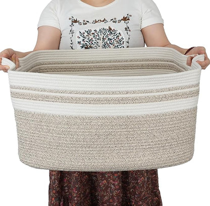 Large Rectangle Blankets Basket Living Room 22"x17"x12" Woven Cotton Rope Storage Baskets for Nursery Toy Baskets for Kids Wicker Laundry Basket Bin for Clothes Towels white brown