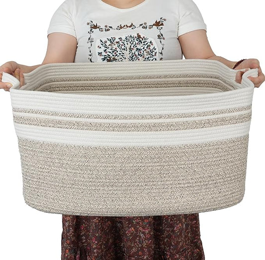 Large Rectangle Blankets Basket Living Room 22"x17"x12" Woven Cotton Rope Storage Baskets for Nursery Toy Baskets for Kids Wicker Laundry Basket Bin for Clothes Towels white brown