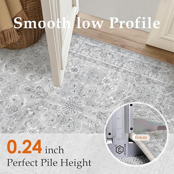 Gray 2x6 Runner Rug Hallway Washable Vintage Carpet Kitchen Long Small Indoor Non Slip Soft Low Pile Thin Stain Resistant Distressed Accent Throw Rug for Bedroom Laundry Office Living Room