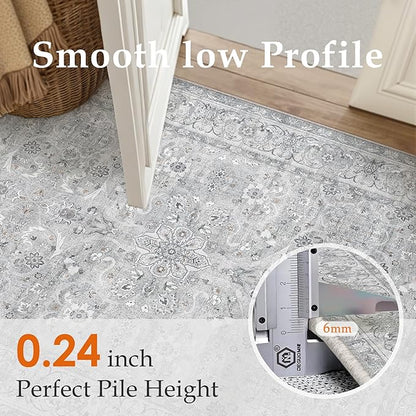 Gray 2x6 Runner Rug Hallway Washable Vintage Carpet Kitchen Long Small Indoor Non Slip Soft Low Pile Thin Stain Resistant Distressed Accent Throw Rug for Bedroom Laundry Office Living Room