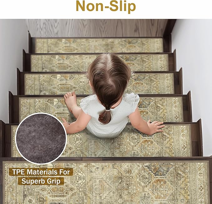 Carpet Stair Treads Non Slip 15PCS, 8" X 30" Edging Stair Runner for Wooden Steps Indoor, Resistant Stair Rugs with Reusable TPE Adhesive Backing, Residue Mat for Elders, Pets, Tawny/Ivory