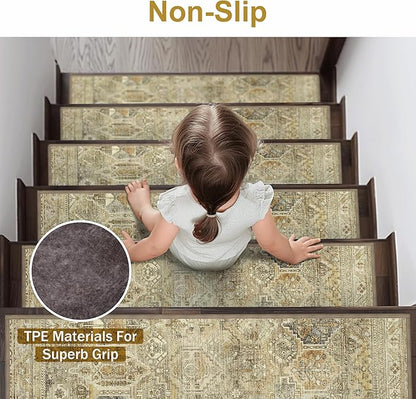 Carpet Stair Treads Non Slip 15PCS, 8" X 30" Edging Stair Runner for Wooden Steps Indoor, Resistant Stair Rugs with Reusable TPE Adhesive Backing, Residue Mat for Elders, Pets, Tawny/Ivory