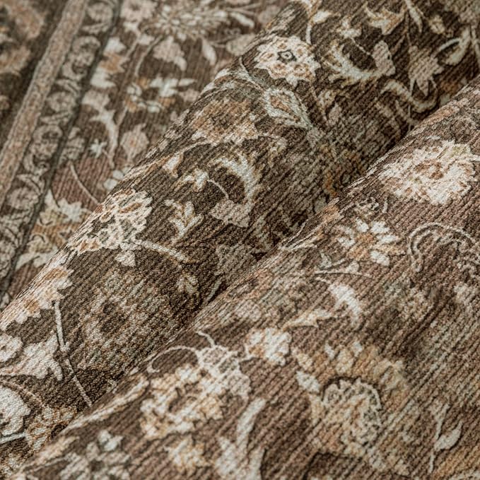 Brown Runner Rug 2x6 Washable Vintage Floral Long Carpet for Hallway Soft Low Pile Non Slip Indoor Accent Rug Retro Distressed Throw Rug for Bathroom Bedroom Laundry Dining Room