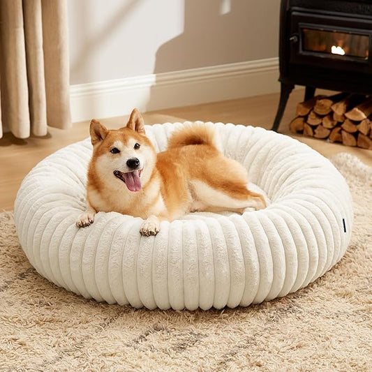 Bedsure ComfyFleece™ Donut Large Dog Bed - Washable Faux Fur with Corduroy Fleece & Anti Slip Bottom, Round Pet Bed with Removable Cover, Cream, 36x36x8 inches