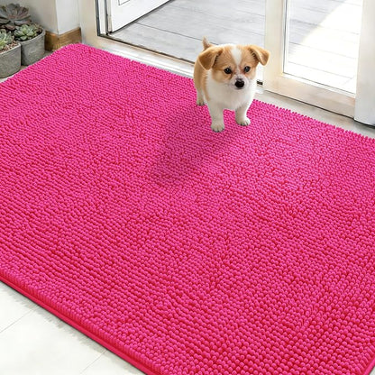 OLANLY Dog Door Mat for Muddy Paws 48x30, Absorbs Moisture and Dirt, Absorbent Non-Slip Washable Doormat, Quick Dry Chenille Mud Mat for Dogs, Entry Indoor Entryway Carpet for Inside Floor, Hot Pink