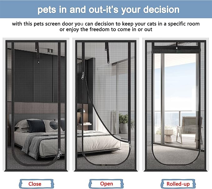 QWR Reinforced Cat Screen Door,Fits Door Opening Size 36''x 81'',Thickened Cat Resistant Mesh Screen Door for Living Room,Kitchen,Bedroom,Cat Proof Screen with Zipper Closure(U-Type,Black)