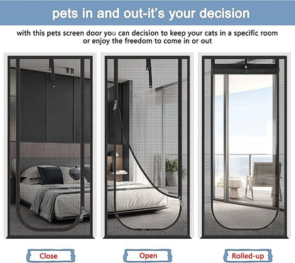 QWR Reinforced Cat Screen Door,Fits Door Opening Size 36''x 81'',Thickened Cat Resistant Mesh Screen Door for Living Room,Kitchen,Bedroom,Cat Proof Screen with Zipper Closure(U-Type,Black)