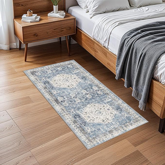 Kitchen Runner Rug 2x4 Washable : Indoor Vintage Non Slip Rugs for Entryway Hallway Bedroom Ultra-Thin Foldable Low Pile Carpet for Laundry Bathroom Home Decor Floor Mat 2'x4' Aqua Blue