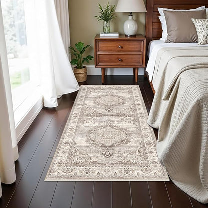 Washable 2x4 Entryway Area Rugs: Ultra Soft Low Pile Nursery Kitchen Carpet Indoor Light-Weight Doormat Anti-Slip Thin Entry Rug for Living Room Bedroom Small Vintage Floor Mat(2x4,Beige)
