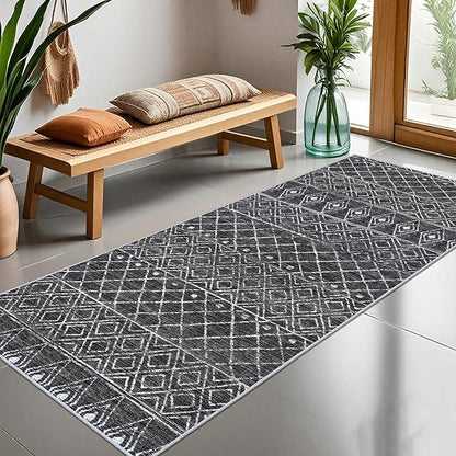 3x6 Runner Rug Washable - Moroccan Hallway Runners Non Slip Pets Friendly Rug Low Pile Soft Indoor Floor Mat Front Door for Kitchen Bedroom Entryway Laundry 3x6 Black