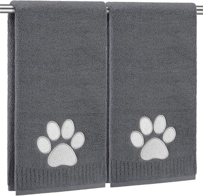 2 Pcs Dog Paw Hand Towels Dark Grey Bathroom Decor 13 x 29 Inch 100% Cotton Embroidered Hand Towels Soft Absorbent Farmhouse for Kitchen Restroom