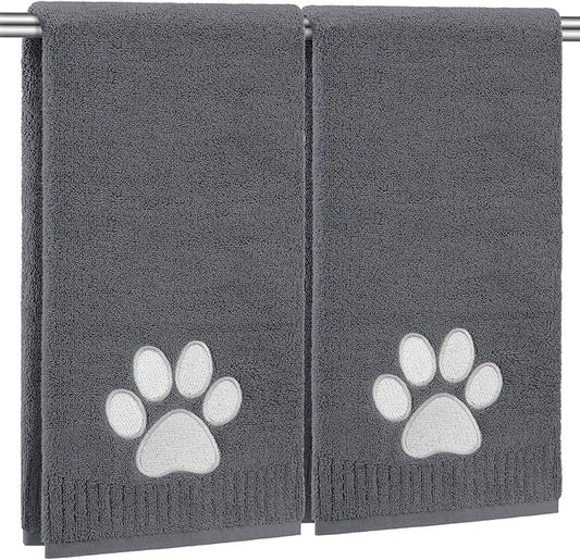 2 Pcs Dog Paw Hand Towels Dark Grey Bathroom Decor 13 x 29 Inch 100% Cotton Embroidered Hand Towels Soft Absorbent Farmhouse for Kitchen Restroom