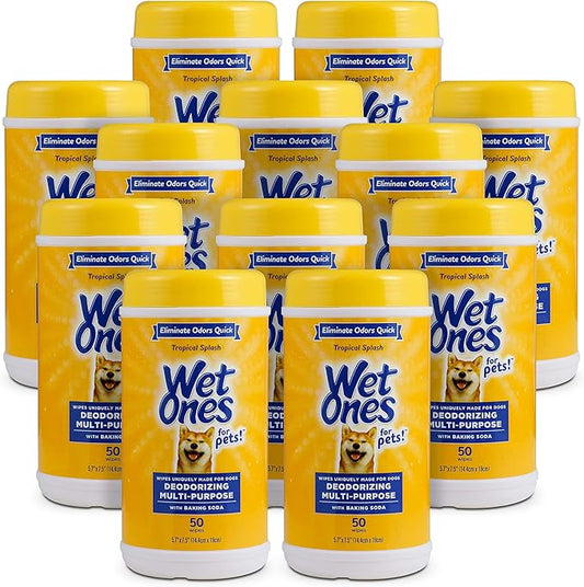 Wet Ones for Pets Deodorizing Multipurpose Dog Wipes with Baking Soda, Tropical Splash Scent - Desmellizing Wipes for Dogs in Canister, 50 Count - 12 Pack