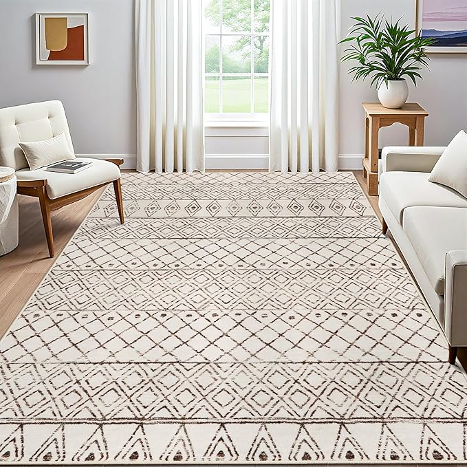 7x9 Area Rug for Living Room - Washable Rugs Moroccan Non-Slip Pet Friendly Stain Resistant Carpets for Bedroom Soft Low Pile Rug 7x9 Geo Beige