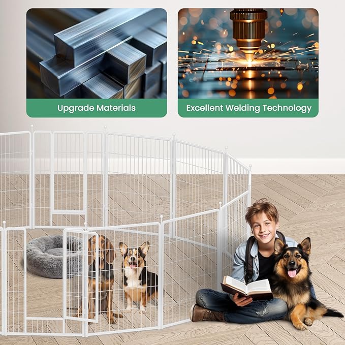 HealSmart Dog Playpen Indoor, Puppy Playpen Indoor Outdoor for Yard, Camping, RV, 40" Height 16 Panels Heavy Duty Dog Pen for Medium/Large Dogs, White