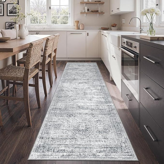 Kitchen Runner Rug Non Slip - 2.5 x 8 Runners for Hallways, Entryway, Bedroom, Washable Runner Rugs for Bathroom, Laundry Room, Low Pile Soft Vintage Area Rug(2.5'x8', Grey/Ivory)