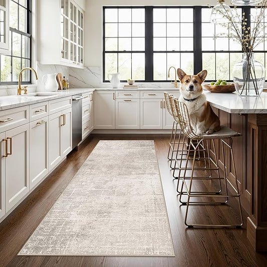 3x7 Washable Hallway Runner Rug: Abstract Stain Resistant Kitchen Rug Farmhouse Ultra Soft Bathroom Bedroom Entryway Printed Floor Mat Thin Non-Slip Carpet for Living Room Laudry(3x7,Beige/Cream)