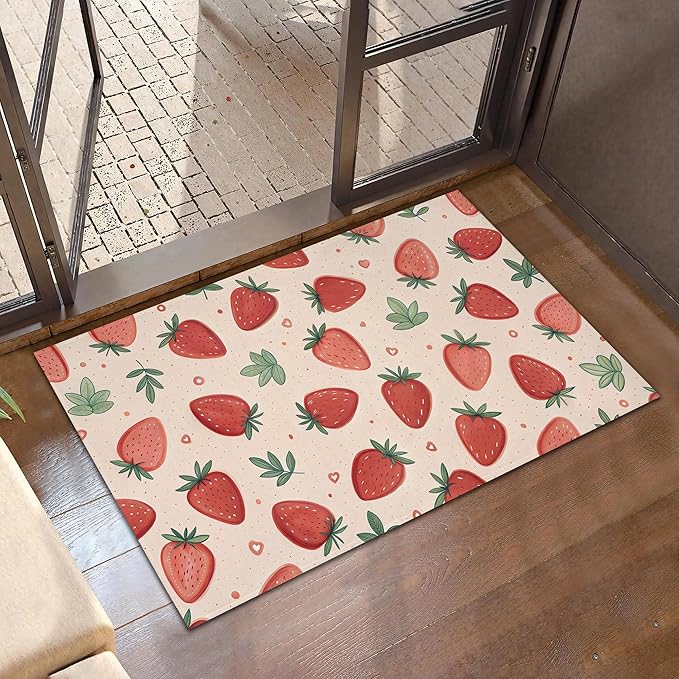 Watercolor Strawberry Front Door Mat,Anti-Slip Pink Sweet Fruits Entrance Indoor Rug Mat,Low Profile Door Mat Entrance,Doormats for Home Kitchen Bedroom Porch, Hallways 30 x 17 Inch