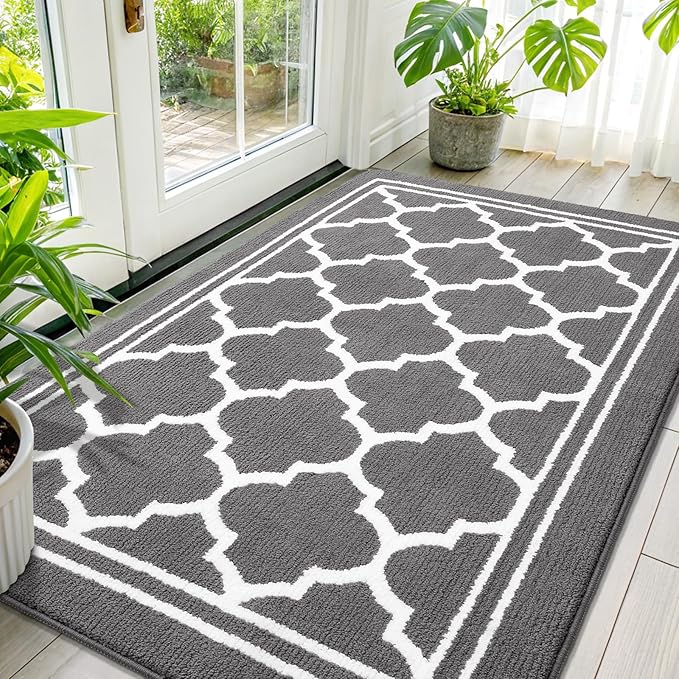 Buganda Large Indoor Door Mat, Dirt-Resistant and Absorbent Doormat, Washable, Low Profile Floor Mats for Inside Entryway, Front, and Back Door Entrance (59x35 Inches, Grey)