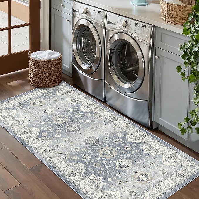 3x6 Hallway Washable Runner Rug : Vintage Non-Slip Soft Kitchen Laundry Runner Farmhouse Entryway Living Room Floor Mat Stain Resistant Carpet for Bedroom Bathroom Distressed Beside Rug(3x6,Grey)