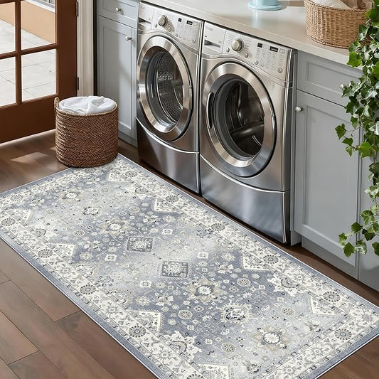 3x6 Hallway Washable Runner Rug : Vintage Non-Slip Soft Kitchen Laundry Runner Farmhouse Entryway Living Room Floor Mat Stain Resistant Carpet for Bedroom Bathroom Distressed Beside Rug(3x6,Grey)