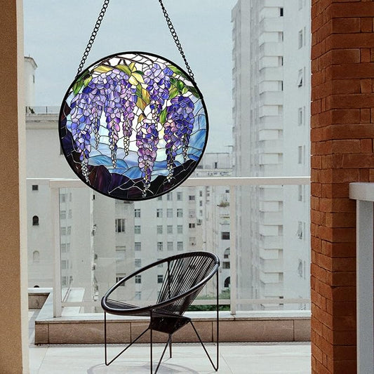 Stained Glass Window Hanging, Wisteria Flower Sun Catcher for Door Home Decor Purple and Blue Suncatcher Christmas Mother's Day Birthday Gifts for Women Men Mom and Nana 15 in