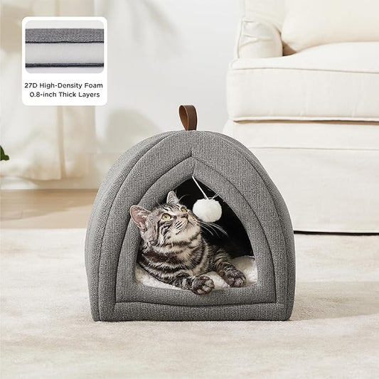Bedsure Cat Beds for Indoor Cats - 2 in 1 Cat Cave House Tent for Kittens and Small Pets with Removable Washable Cushioned Pillow, Foldable Kitten Hideaway with Non-Slip Bottom, Grey, 16 inches